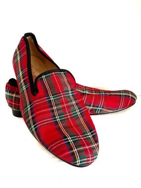 Merlutti Handmade Scottish Tartan Plaid Red smoking Loafers Mens 12
